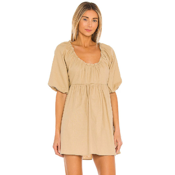 House of Harlow Ajay Mini Dress Linen Cotton Tan Puff Sleeves Babydoll Sz M - Picture 1 of 11